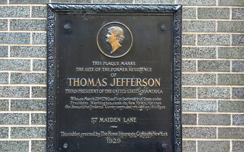 Follow me down Maiden Lane 5 Thomas Jefferson Plaque at Maiden Lane